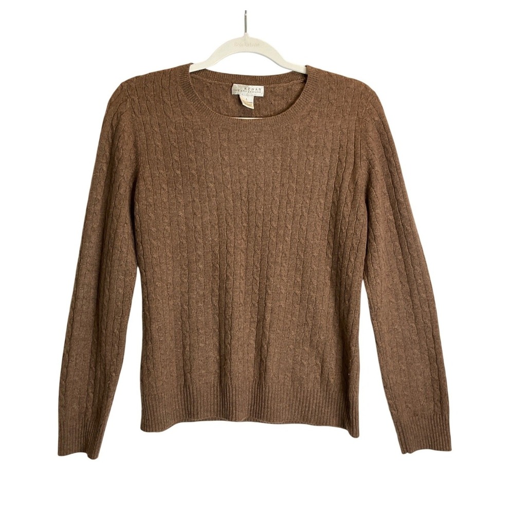 Kenar Cable Knit Sweater 2 Ply Cashmere Brown Crew Neck Pullover Heritage Preppy